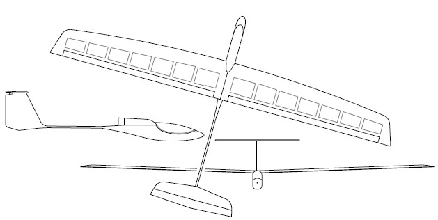 Generalni izgled modela.<br />Razpon krila 120 cm.<br />Krmiljenje nagiba in višine.