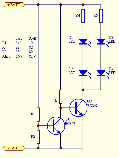 Low-volt-alarm za LiPo (2 ali 3 celice).